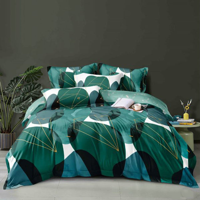 Единично спално бельо от 100% памук - зелен цвят с фигури