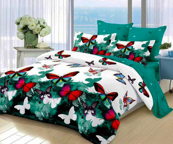 Спално бельо от 100% памук – бяло и зелено с пеперуди