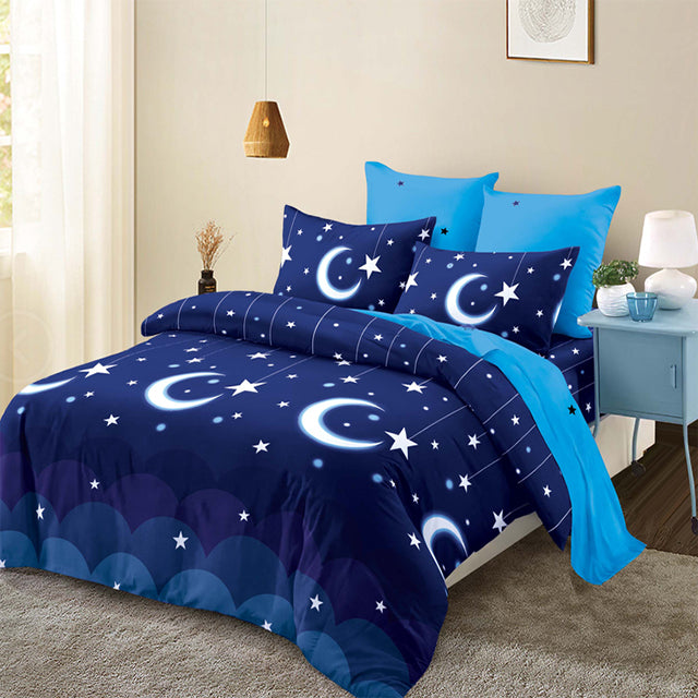 Спално бельо от 100% памук – синьо с луна и звезди 
