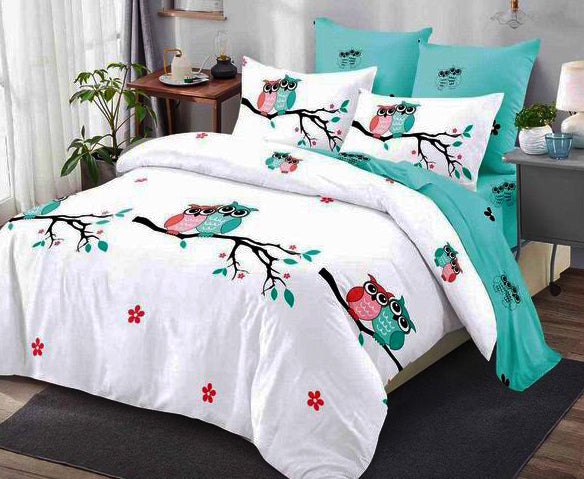 Спално бельо от 100% памук – бяло и синьо с два бухала