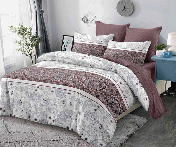 Спално бельо от 100% памук – бяло и тъмнолилаво с орнаменти