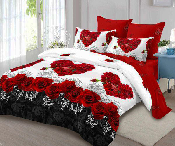 Спално бельо от 100% памук – бяло, червено и черно с рози