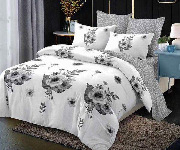 Спално бельо от 100% памук – бяло и сиво с цветя