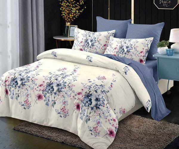 Спално бельо от 100% памук – бяло и синьо с цветя