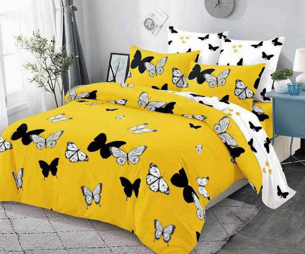 Спално бельо от 100% памук – жълто и бяло с пеперуди