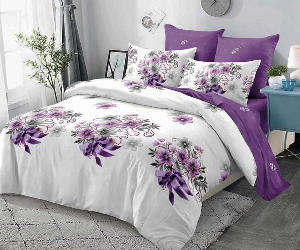 Спално бельо от 100% памук – бяло и лилаво с красиви букети