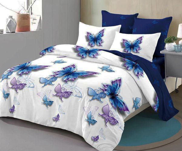 Спално бельо от 100% памук – бяло и синьо с пеперуди