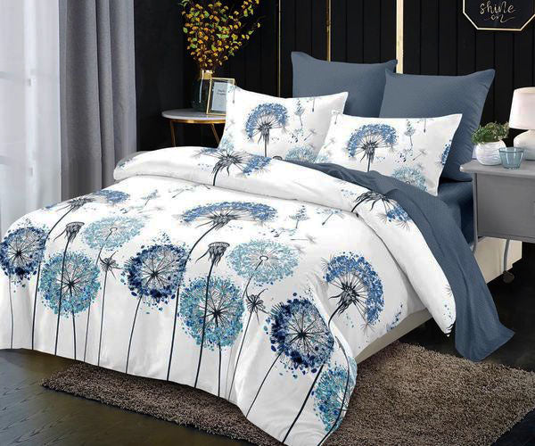 Спално бельо от 100% памук – бяло и сиво с глухарчета