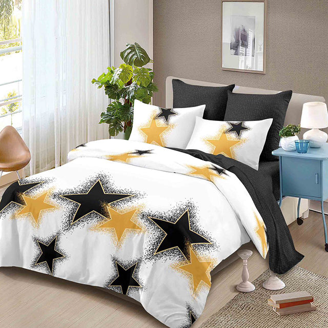 Спално бельо от 100% памук – бяло и черно със звезди