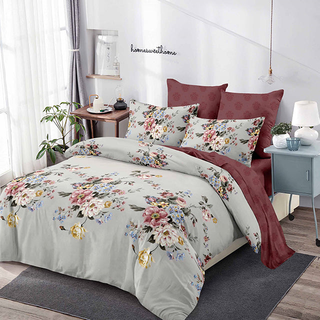 Спално бельо от 100% памук – сиво с флорален мотив 