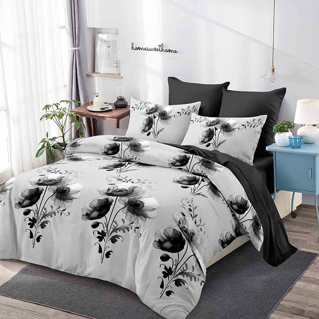 Спално бельо от 100% памук – бяло и черно с цветя