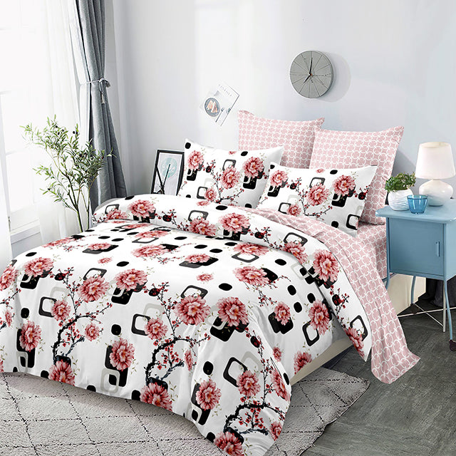 Спално бельо от 100% памук – бяло и розово с цветя 