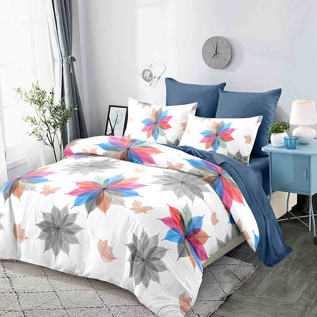 Спално бельо от 100% памук – бяло и синьо с флорален мотив