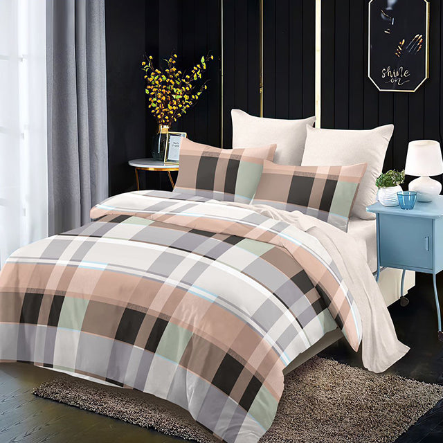 Спално бельо от 100% памук – бежов цвят с каре