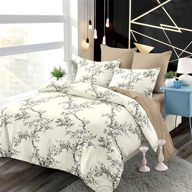 Спално бельо с ластик от 100% памук – цвят крем с клонки