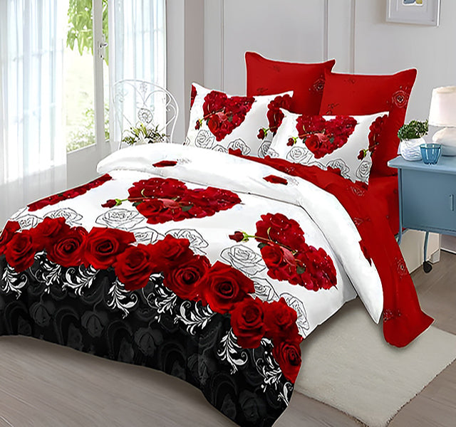 Спално бельо с ластик от 100% памук – бяло и червено с рози и сърца