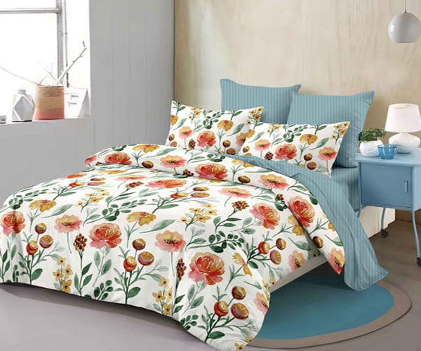 Спално бельо с ластик от 100% памук – бяло и синьо с цветя