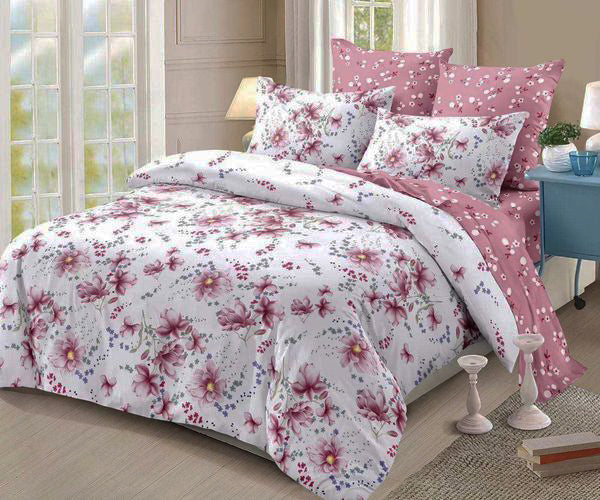 Спално бельо с ластик от 100% памук – бяло и розово с цветя