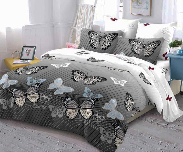 Спално бельо с ластик от 100% памук – бяло и сиво с пеперуди