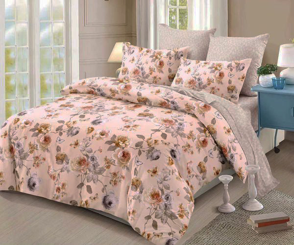 Спално бельо с ластик от 100% памук – цвят пудра с рози