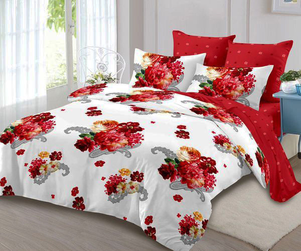 Спално бельо с ластик от 100% памук – бяло и червено с букети цветя