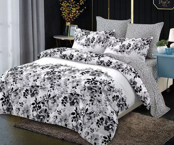 Спално бельо с ластик от 100% памук – бяло и сиво с цветя и листа