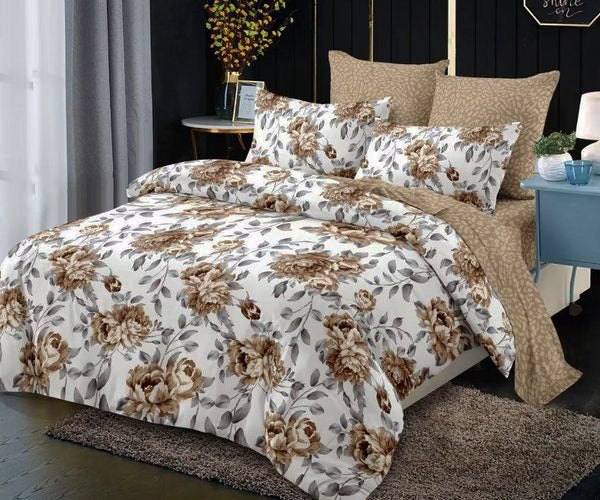 Спално бельо с ластик от 100% памук – бяло и кафяво с рози и листа