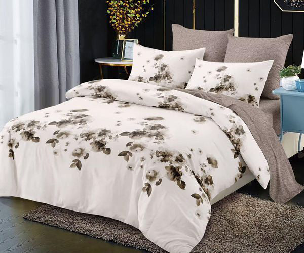 Спално бельо с ластик от 100% памук – бяло и кафяво с цветя