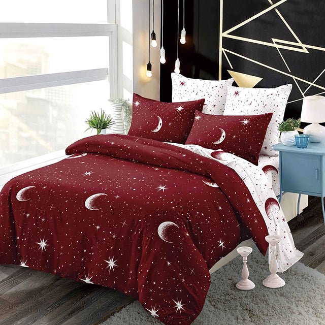 Спално бельо с ластик от 100% памук – бордо с луна и звезди