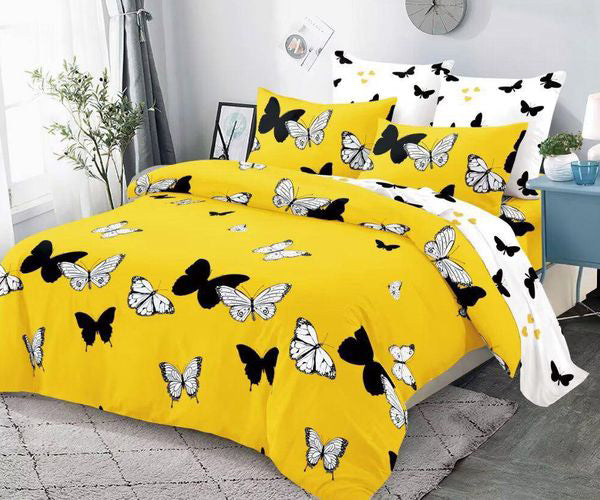 Спално бельо с ластик от 100% памук – жълто и бяло с пеперуди
