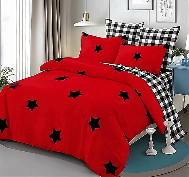 Спално бельо с ластик от 100% памук – червено с черни звезди