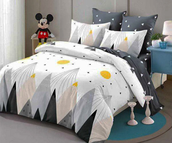 Спално бельо с ластик от 100% памук – бяло и сиво с триъгълници и кръгове