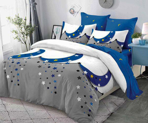 Спално бельо с ластик от 100% памук – бяло, сиво и синьо с луни и звезди