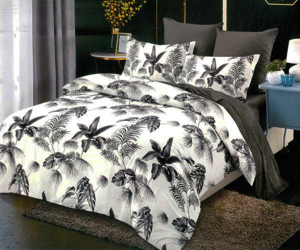 Спално бельо с ластик от 100% памук – бяло и сиво с екзотични листа