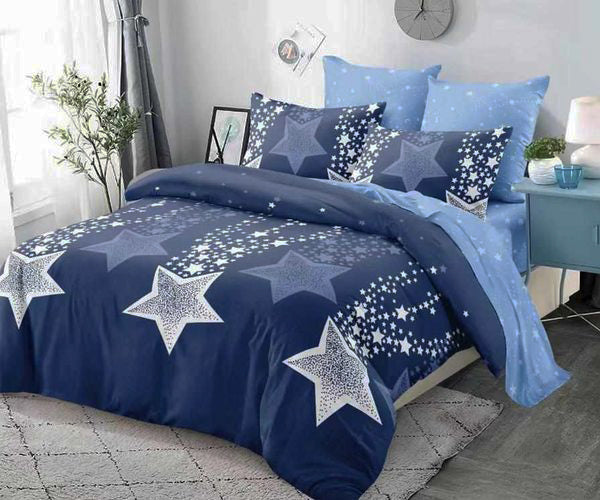 Спално бельо с ластик от 100% памук – синьо със звезди