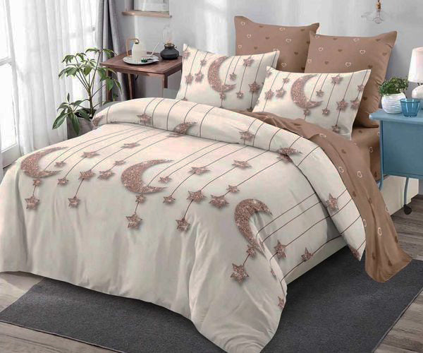 Спално бельо с ластик от 100% памук – кремав цвят и кафяво със звезди и луни