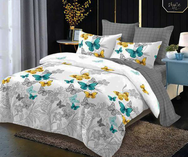 Спално бельо с ластик от 100% памук – бяло и сиво с пъстри пеперуди