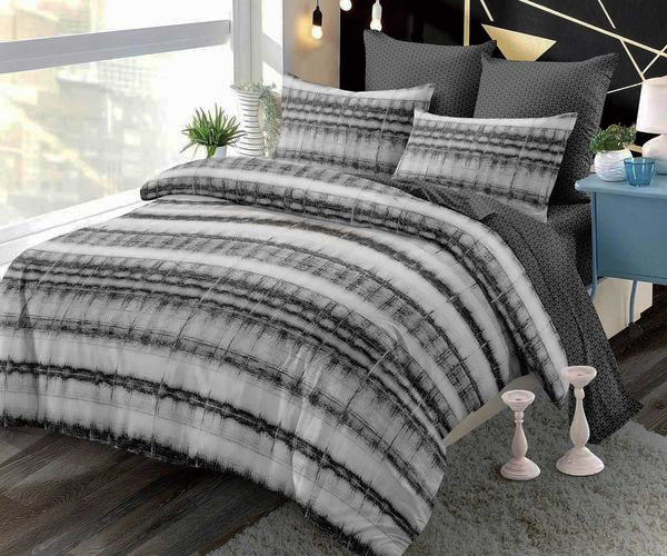 Спално бельо с ластик от 100% памук – бяло и сиво с линии