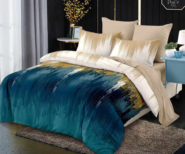 Спално бельо с ластик от 100% памук – синьо, бяло и кафяво