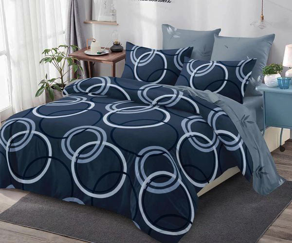 Спално бельо с ластик от 100% памук – тъмносиньо и сиво с кръгове