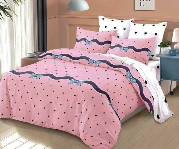 Спално бельо с ластик от 100% памук – розово и бяло с панделки и сърца