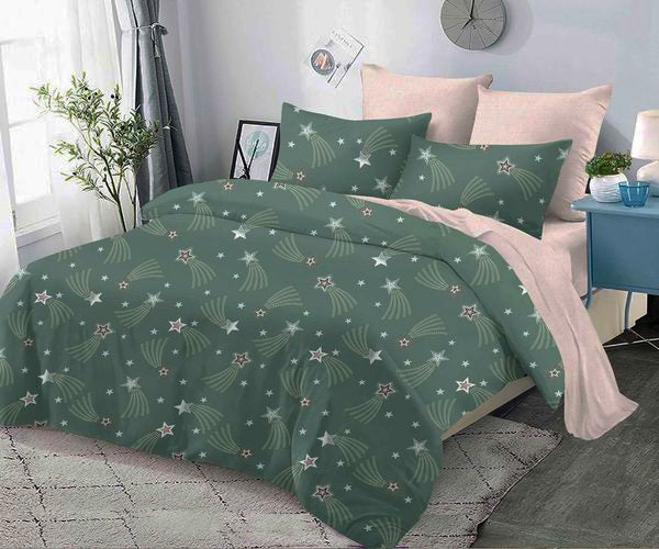 Спално бельо с ластик от 100% памук – тъмнозелено и бежово със звездички