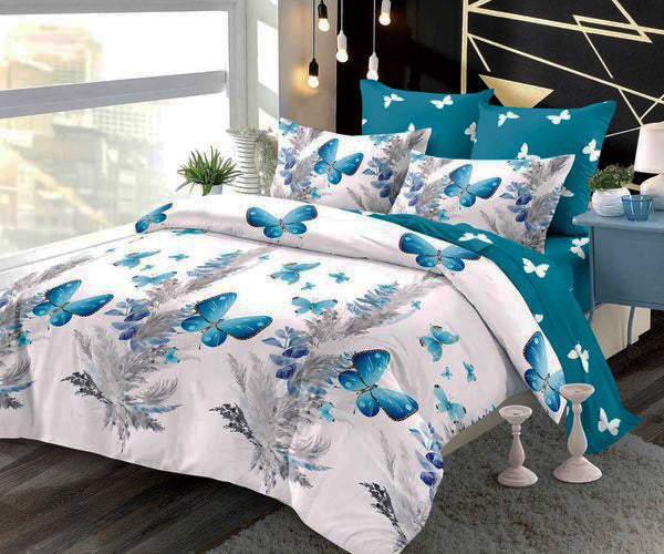 Спално бельо с ластик от 100% памук – бяло и тюркоазено с пеперуди и пера
