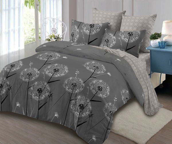 Спално бельо с ластик от 100% памук – сиво с глухарчета