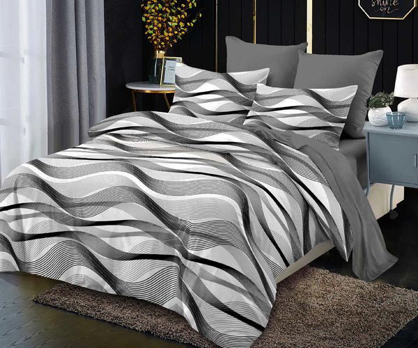 Спално бельо с ластик от 100% памук – бяло и сиво с вълнообразни линии