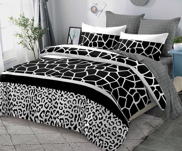Спално бельо с ластик от 100% памук – сиво и черно с животински принт
