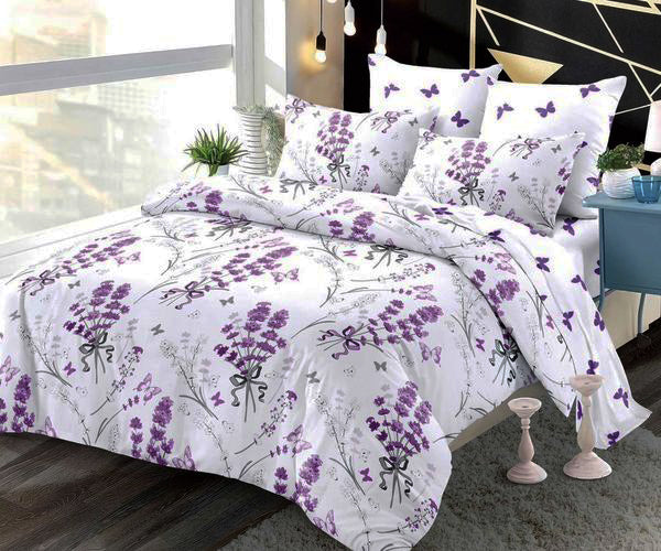 Спално бельо с ластик от 100% памук – бяло с лилави цветя и пеперуди