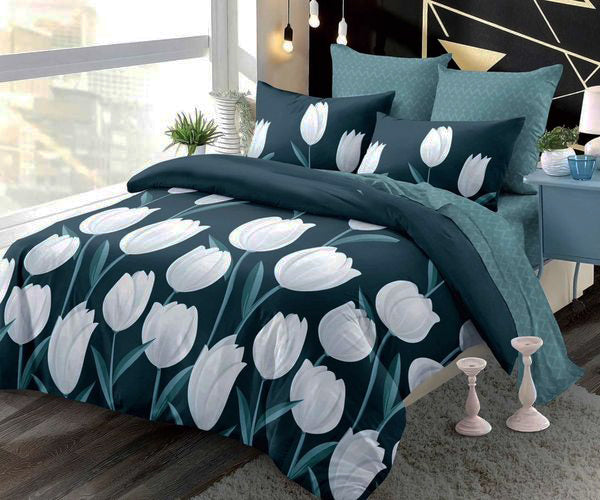 Спално бельо с ластик от 100% памук – тъмнозелено с лалета
