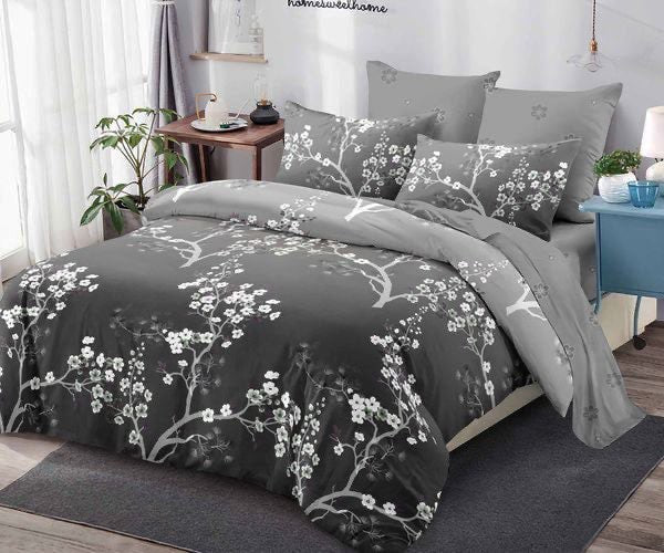 Спално бельо с ластик от 100% памук – сиво с клони и цветя