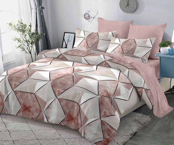 Спално бельо с ластик от 100% памук – бежово и розово с геометрична шарка